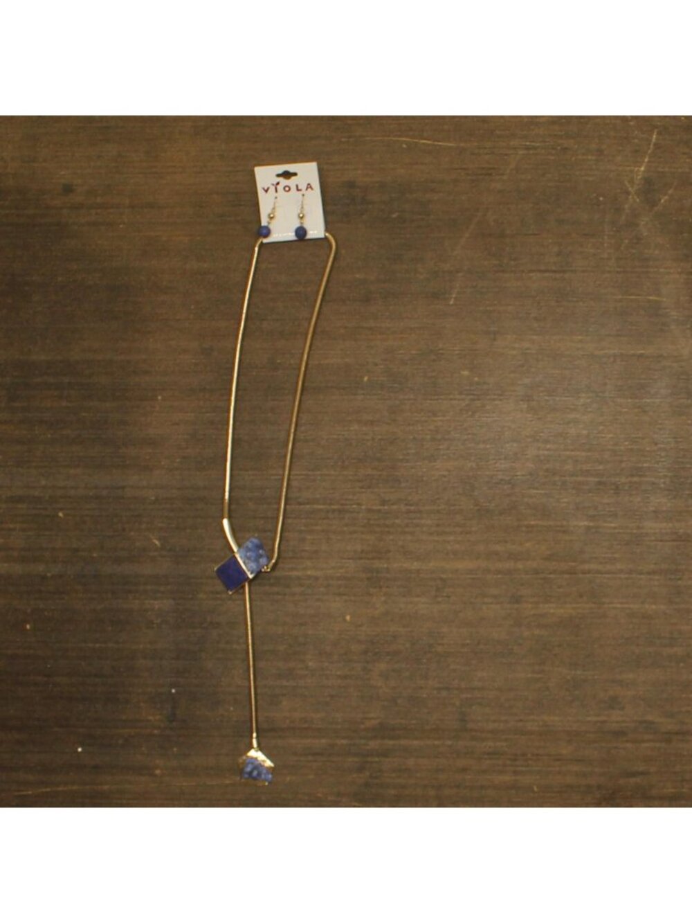 NWT Viola Lariat Pull Adjustable Necklace Dangly Earring Set Gold / Blue
